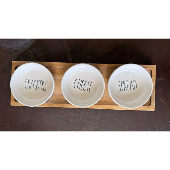 Rae Dunn 3 Piece Crackers Cheese Spread Bowls with Wooden Tray New Without Box - Picture 2 of 4